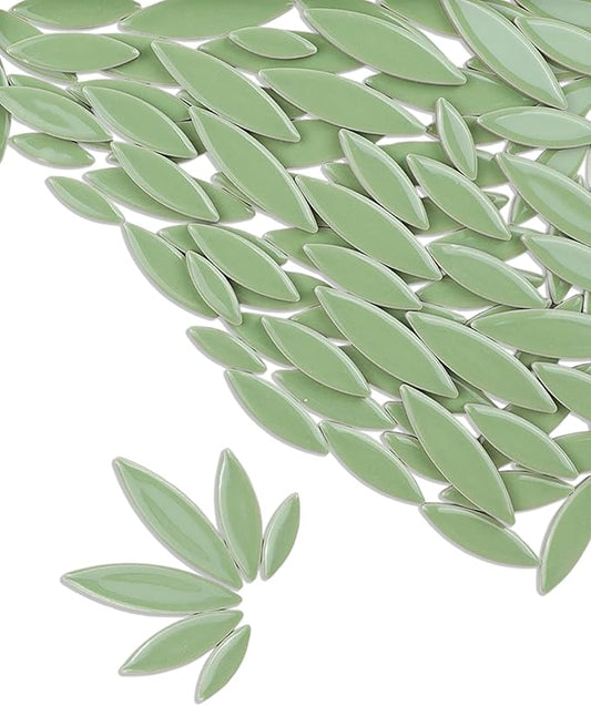 200g Ceramic Petals Bulk Mosaic Tiles for Craft, Small Oval Stepping Stone Kit, Glazed Porcelain Pieces for Coaster Tray House Number Mirror Lamp Home Decorations (Sage Green)