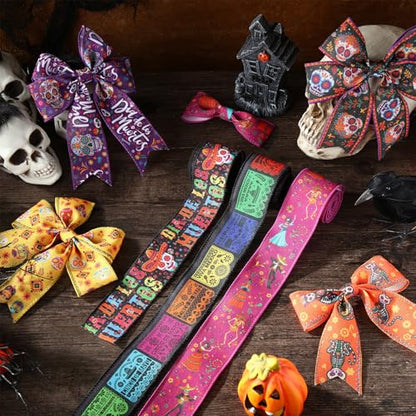 12 Rolls 60 Yard Day of the Dead Wired Ribbon for Wreath Craft Bow (12 Count)