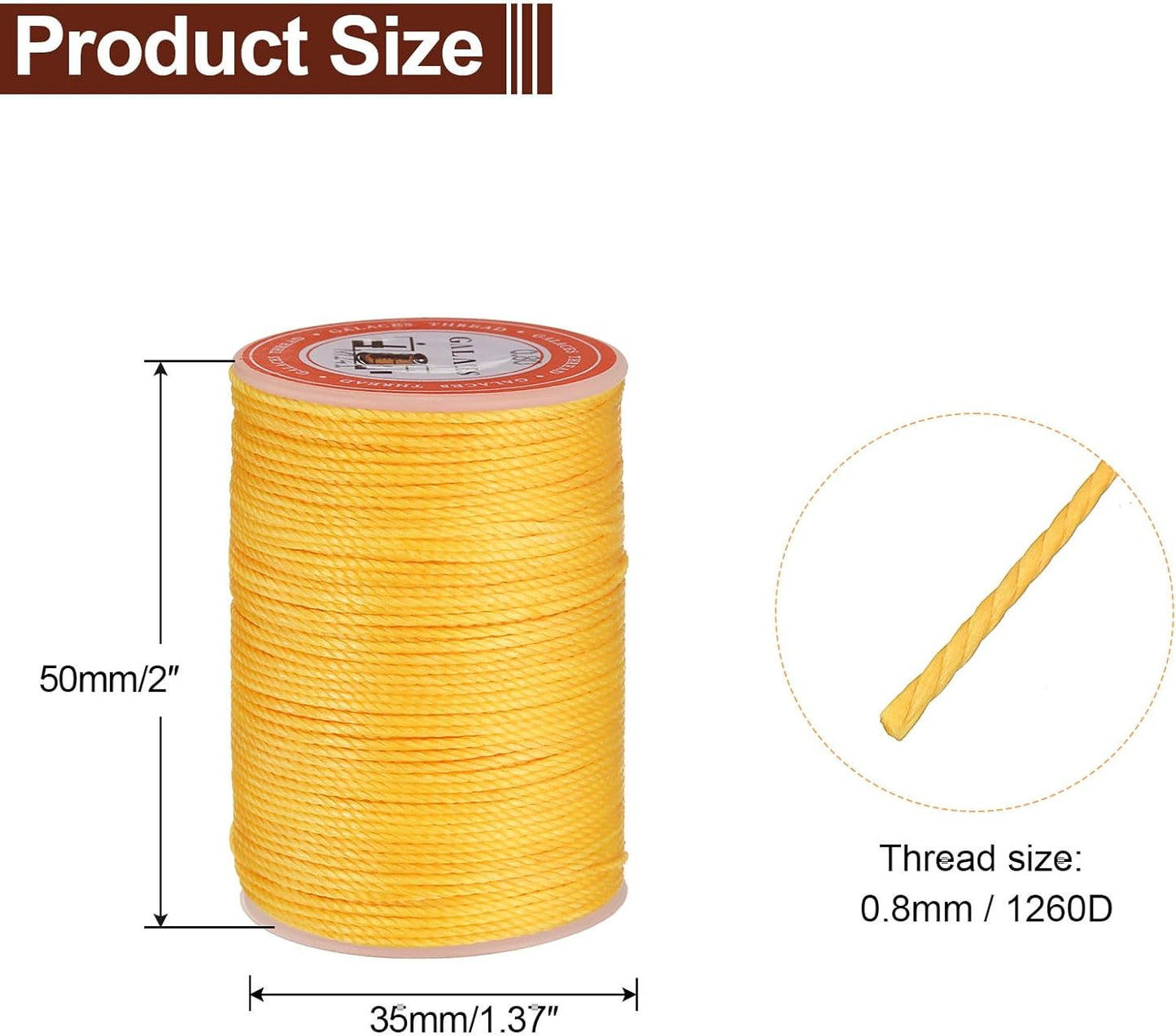 uxcell Round Leather Sewing Waxed Thread, 55m / 60 Yards Polyester Wax String, 0.80mm Wax Stitching Cord for Leather Crafts, Bookbinding, Bracelets Braided, Yellow, 2pcs