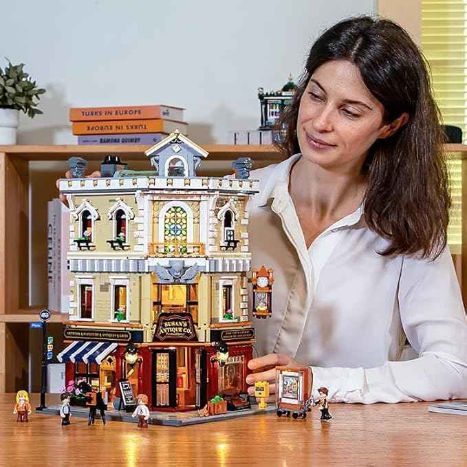 FUNWHOLE Antique-Store Lighting Building-Bricks Set - City Town Corner Collectibles Shop LED Light Modular Building Model Set 2847 Pcs for Adults and Teen