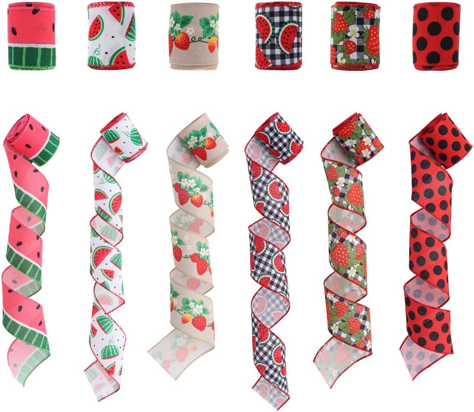 2.5" Watermelon and Strawberry Ribbon,Summer Craft Wire Edged Ribbon,Checks,Polka Dots,Watermelon Slices,Strawberries and Flowers Faux Linen Ribbons for Floral Arrangements, Packages and Home Decor. - Crafty Corner