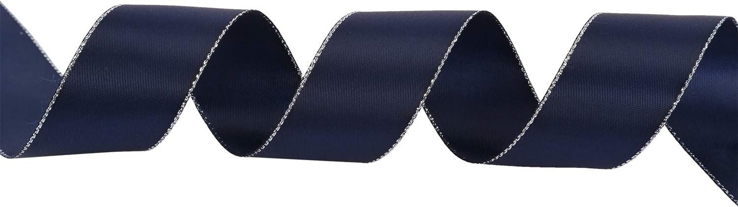 ITIsparkle 1" Inch Double Faced Satin Ribbon 25 Yards with Silver Edges, 1" X 25Yd - Navy - Crafty Corner