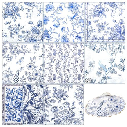 36 Pack 9 Styles Decoupage Napkins Blue Flowers Chinoiserie Napkins (36 count)
