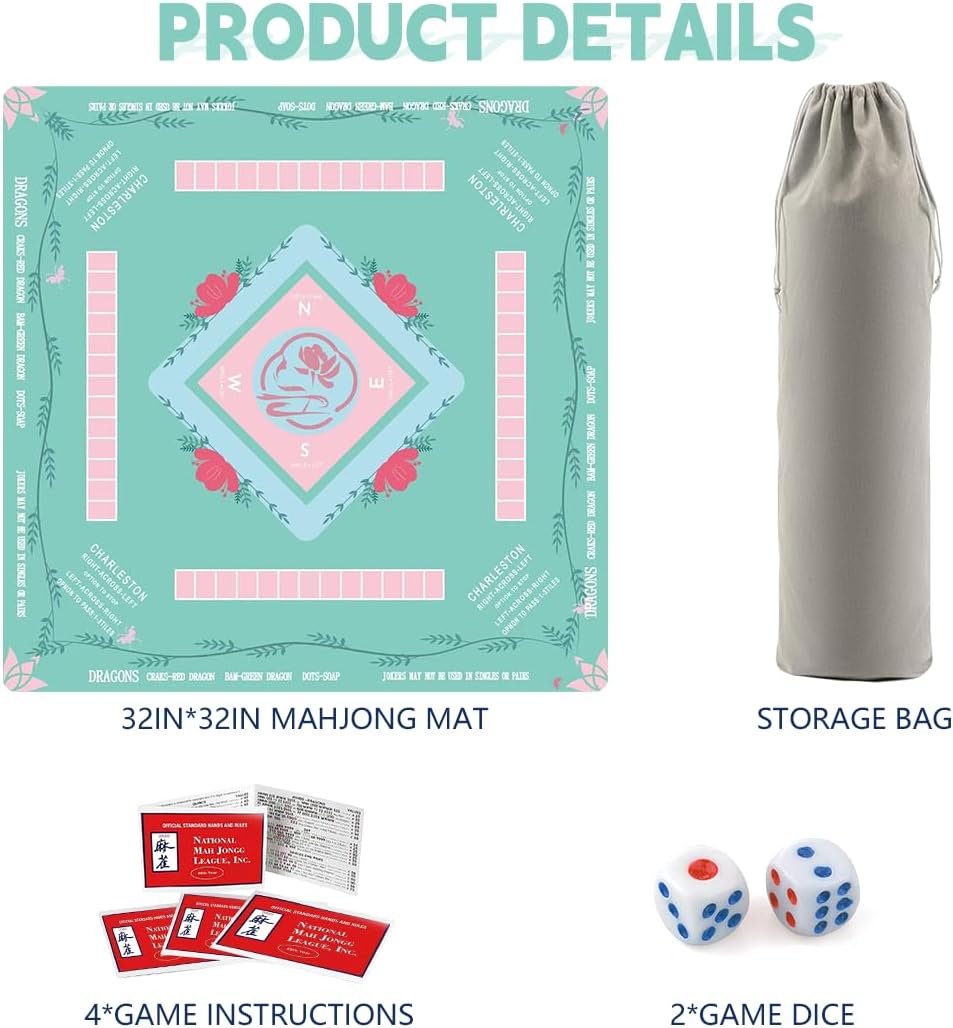 Mahjong Table Mat: 32.4 * 32.4 Inches Non-Slip and Noise-Reducing Mahjong Mat, Suitable for Mahjong, Poker, and Board Games. It Comes with 4 Mahjong Rule Cards, 2 Dice, and 1 Storage Bag.