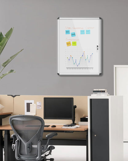 26"x20" Enclosed Bulletin Board, Lockable Weather-Resistant Aluminum Noticeboard for School & Office, Silver Frame w/Magentic Whiteboard