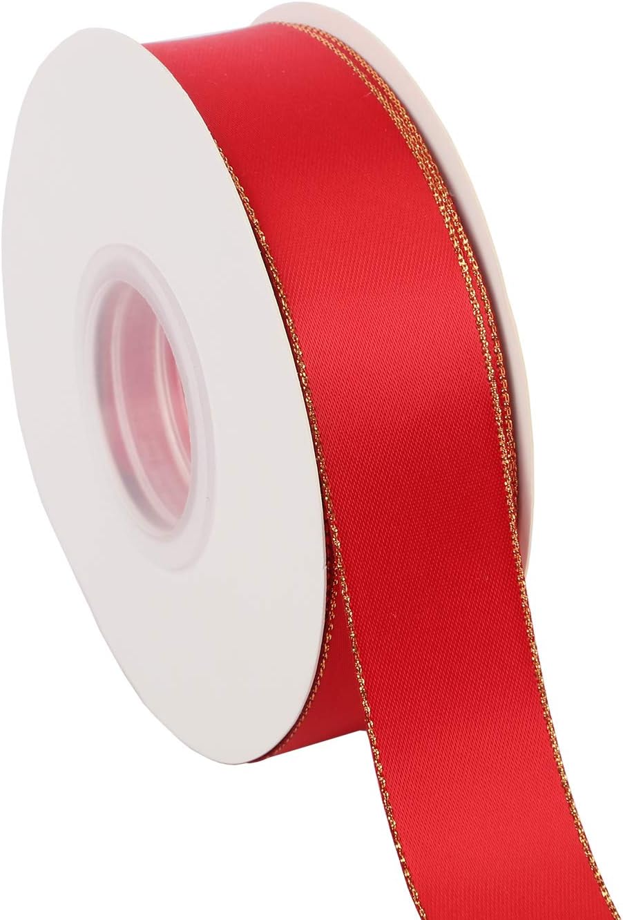 ITIsparkle 1" Inch Double Faced Satin Ribbon 25 Yards with Gold Edges, 1" X 25Yd - Red - Crafty Corner