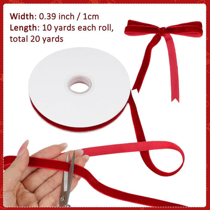 Red Velvet Ribbon, 0.39 Inch x 20 Yards Single Faced Red Ribbon for Gift Wrapping, Bow Making, Christmas Tree Decorations, Wreath Making and DIY Crafts (10 Yards Each Roll) - Crafty Corner