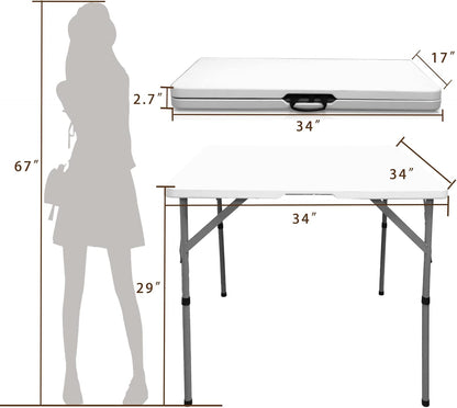 34" Fold in Half Square Folding Table, Plastic Square Card Table, Game for Puzzles Crafting Fold in Half Camping Table Utility use for Indoor Outdoor Picnic Party