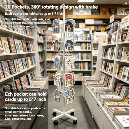 White Greeting Card Display Rack Rotating Flyer Stand 20 Pocket