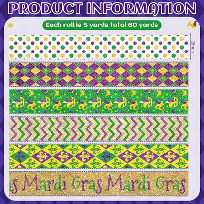 12 Rolls Mardi Gras Wired Edge Ribbon for Wreaths 2 Inch x 60 Yards Purple Green Yellow Stripe Print Grosgrain Ribbon for Mardi Gras Party Decorative Supplies (12 Count)