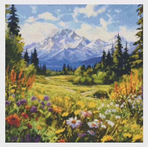 14CT Counted Cross Stitch Kits for Adults Mountain Flowers Advanced Stamped Cross Stitch Kits for Adults