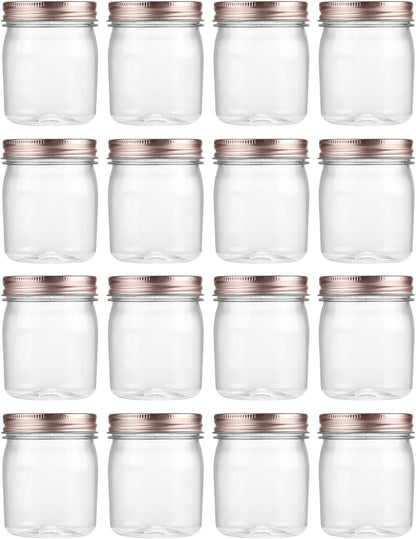 novelinks 8 oz Clear Plastic Jars with Screw-On Lids - BPA-Free Refillable Storage Containers for Slime, Spices, Crafts, Kitchen & Home Organization (16 Pack,Rose Gold)