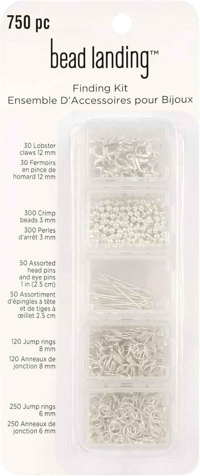 Bead Landing Silver Finding Starter Kit – 750-Piece Nickel-Free Jewelry Making Kit with Crimp Beads, Jump Rings, Pins & Clasps in Assorted Finishes, 6 Pack