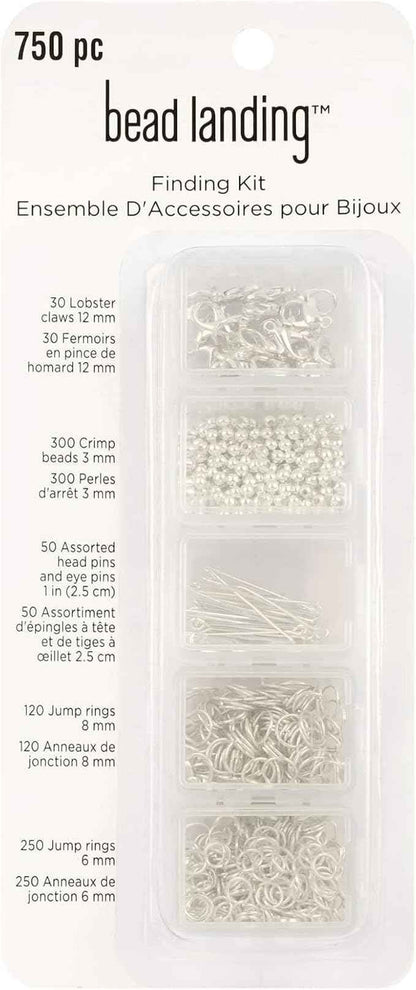Bead Landing Silver Finding Starter Kit – 750-Piece Nickel-Free Jewelry Making Kit with Crimp Beads, Jump Rings, Pins & Clasps in Assorted Finishes, 6 Pack