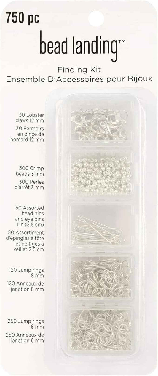 Bead Landing Silver Finding Starter Kit – 750-Piece Nickel-Free Jewelry Making Kit with Crimp Beads, Jump Rings, Pins & Clasps in Assorted Finishes, 6 Pack
