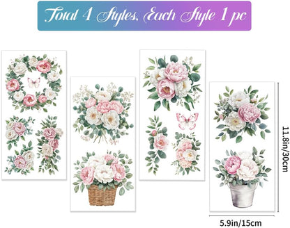 GLOBLELAND 4 Sheets Pink and White Flowers Transfer 11.8x5.9inch Peony Wreath Rub on Transfer Self-Adhesive Wall Art Decals for Farm Bedroom Living Room Desk Table Decoration
