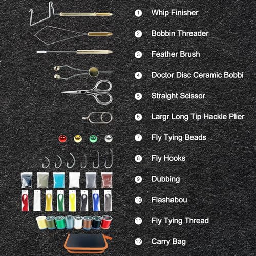 Fly Tying Kit Material Tools Kit Bobbin Fly Hooks Scissors Fly Beads Threader Needle Whip Finisher Fly Fishing Flies Starter Making Kit 149Pcs with Carry Bag (149 Count)