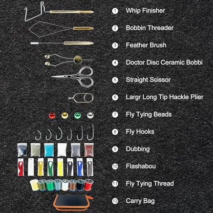 Fly Tying Kit Material Tools Kit Bobbin Fly Hooks Scissors Fly Beads Threader Needle Whip Finisher Fly Fishing Flies Starter Making Kit 149Pcs with Carry Bag (149 Count)