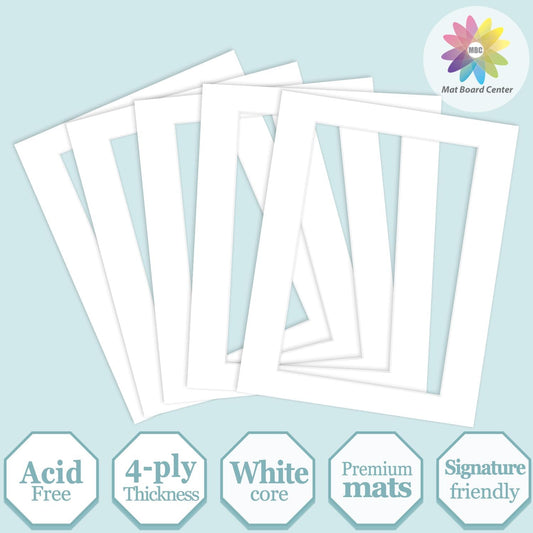 MBC Mat Board Center, 5 Pack 11X14 for 8X12 White Picture Mats Frame Mattes, Bevel Cut, Acid Free, 4-Ply Thickness
