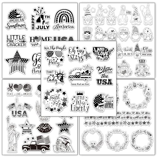 5 Sheet 4th of July Clear Stamps Patriotic Silicone Transparent Stamps Border Stamp Cards for 250th Anniversary Independence Day Memorial Day DIY Crafts Card Making Scrapbooking Embossing (5 Count)