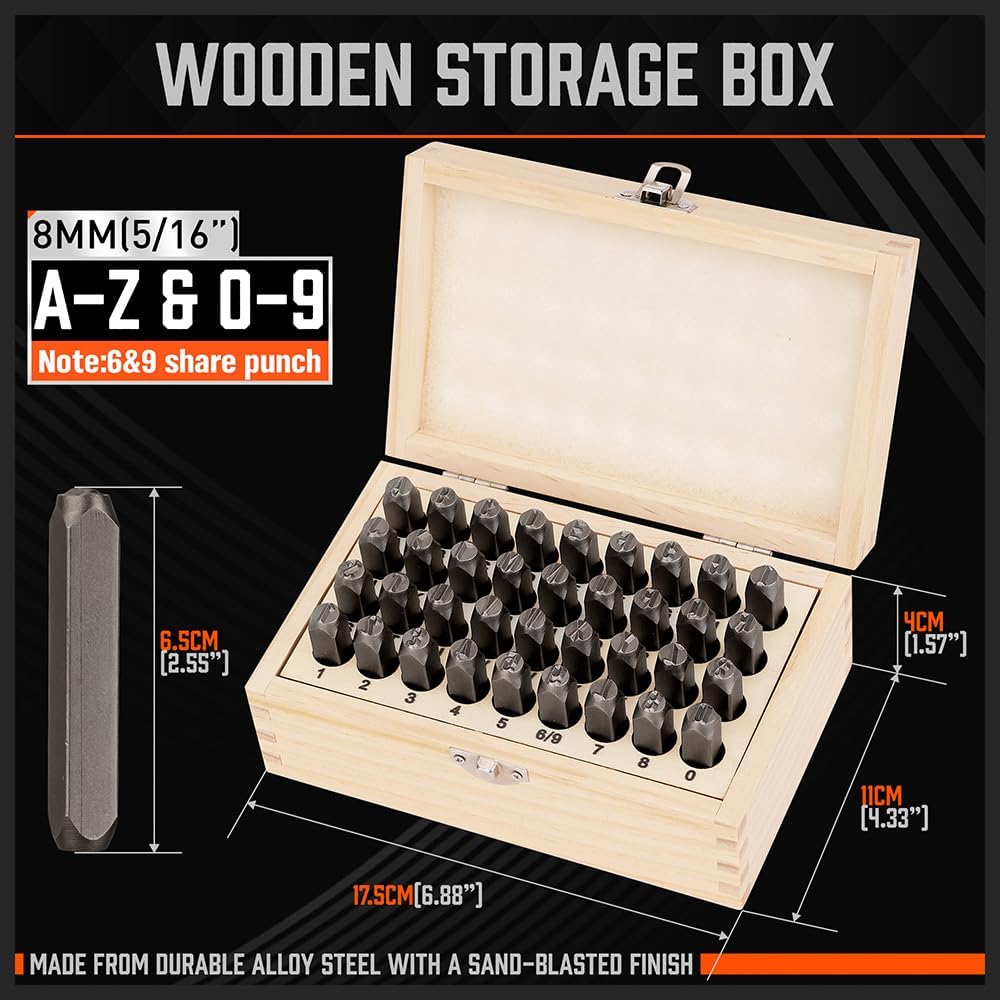 HORUSDY 36-Piece Number and Letter Stamp Set 5/16 (8mm) (A-Z) Punch Perfect for Imprinting Metal Stamping kit, Plastic, Wood, Leather