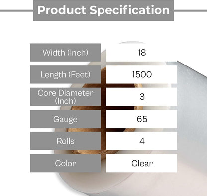 PSBM Stretch Wrap, 4 Pack, 18 Inch x 1500 Feet, 65 Gauge, Clear Plastic Cling, Cast Hand Stretch Film Rolls for Packaging Moving Packing Pallets