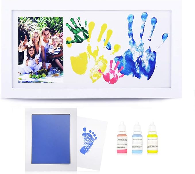 NWK DIY Family Photo + Family Hand/Footprints Kit with 10 X 17inch Elegant White Wood Picture Frame, Non-Toxic Watercolor Paints, Baby Shower Adoption Father's Day Gift for New Mom Dad (with Ink pad)