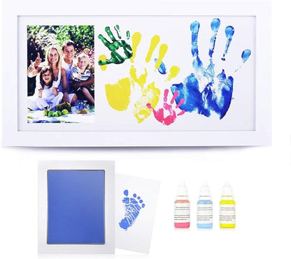 NWK DIY Family Photo + Family Hand/Footprints Kit with 10 X 17inch Elegant White Wood Picture Frame, Non-Toxic Watercolor Paints, Baby Shower Adoption Father's Day Gift for New Mom Dad (with Ink pad)