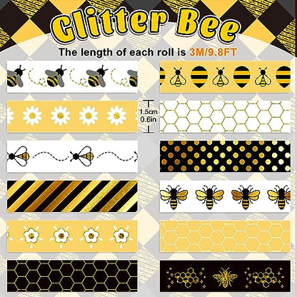 12 Rolls Bee Washi Tape Summer Honey Bee Honeycomb Foil Gold Black Washi Masking Tape Bumblebee Daisy Dots Adhesive Masking Tapes for Scrapbook Gift Wrapping DIY Art Crafts (118.1 Foot)