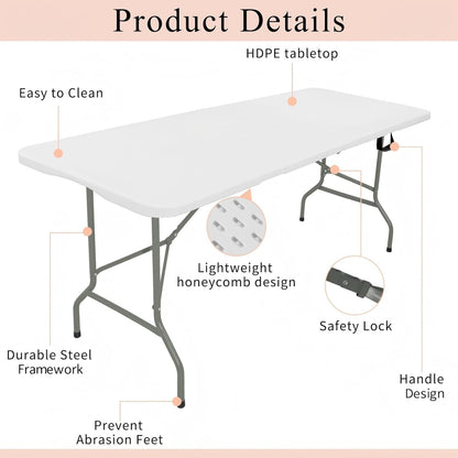 Set of 2 Folding Tables with Carrying Handle Heavy Duty Rectangular Portable Plastic Camping Table Steel Legs for Party, Dining, Wedding, Events, Picnic Indoor, Outdoor (8FT, White)