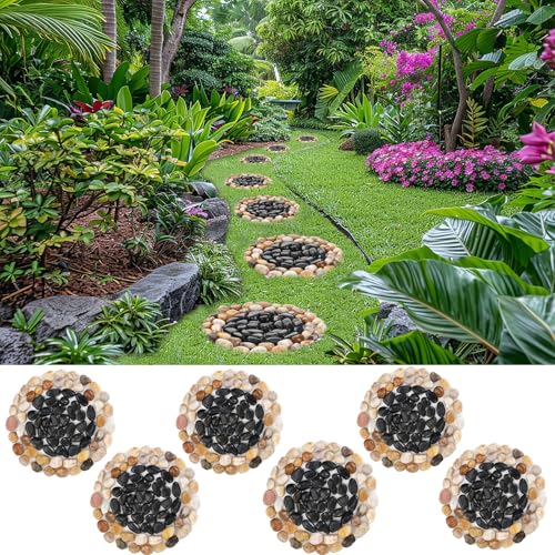 Garden Stepping Stones ourtdoor Decorative Round Stepping Stones with Black Stones Round Polished River Pebble Stone from Natureal River (6 Count)