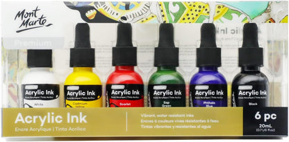 Mont Marte Acrylic Ink Premium 6pc x 20ml (0.7 US fl.oz), Acrylic Inks for Artists, Essential Colors, Ideal for Air Brush, Pouring Art, Scrapbooking, Ink Drawing, Mixed Media - Crafty Corner
