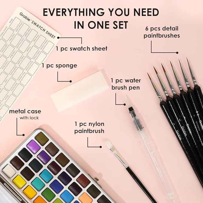 Grabie 50 Colors Watercolor Paint Set, Detail Paint Brush Included, Watercolor Paints, Painting Sets, Art Supplies for Painting, Travel Watercolor Set, Amateur Hobbyists