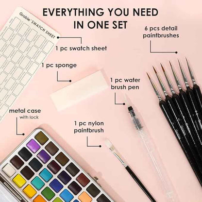 Grabie 50 Colors Watercolor Paint Set, Detail Paint Brush Included, Watercolor Paints, Painting Sets, Art Supplies for Painting, Travel Watercolor Set, Amateur Hobbyists