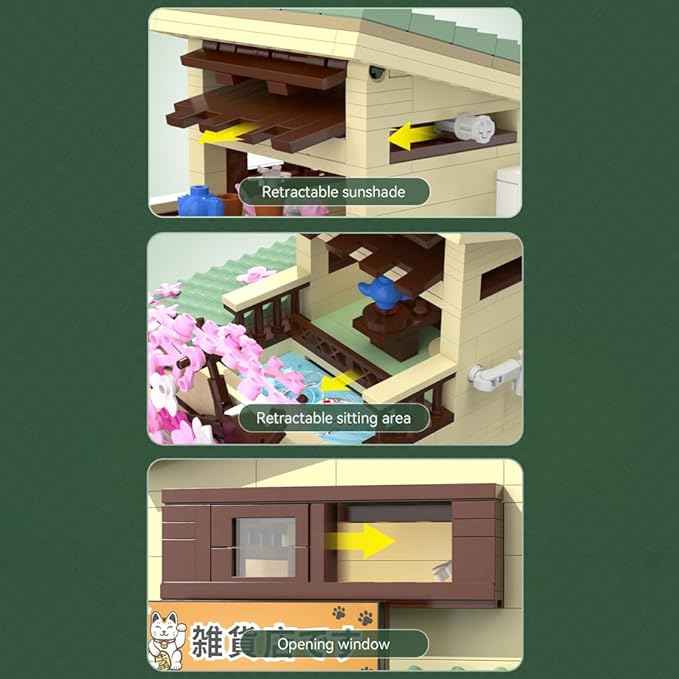 CaDA Japanese Style Cat Grocery Store House Building Set, Master C66015W City Street Brick Kit with Lights, 8921PCS Modular House Idea Gift for Adults