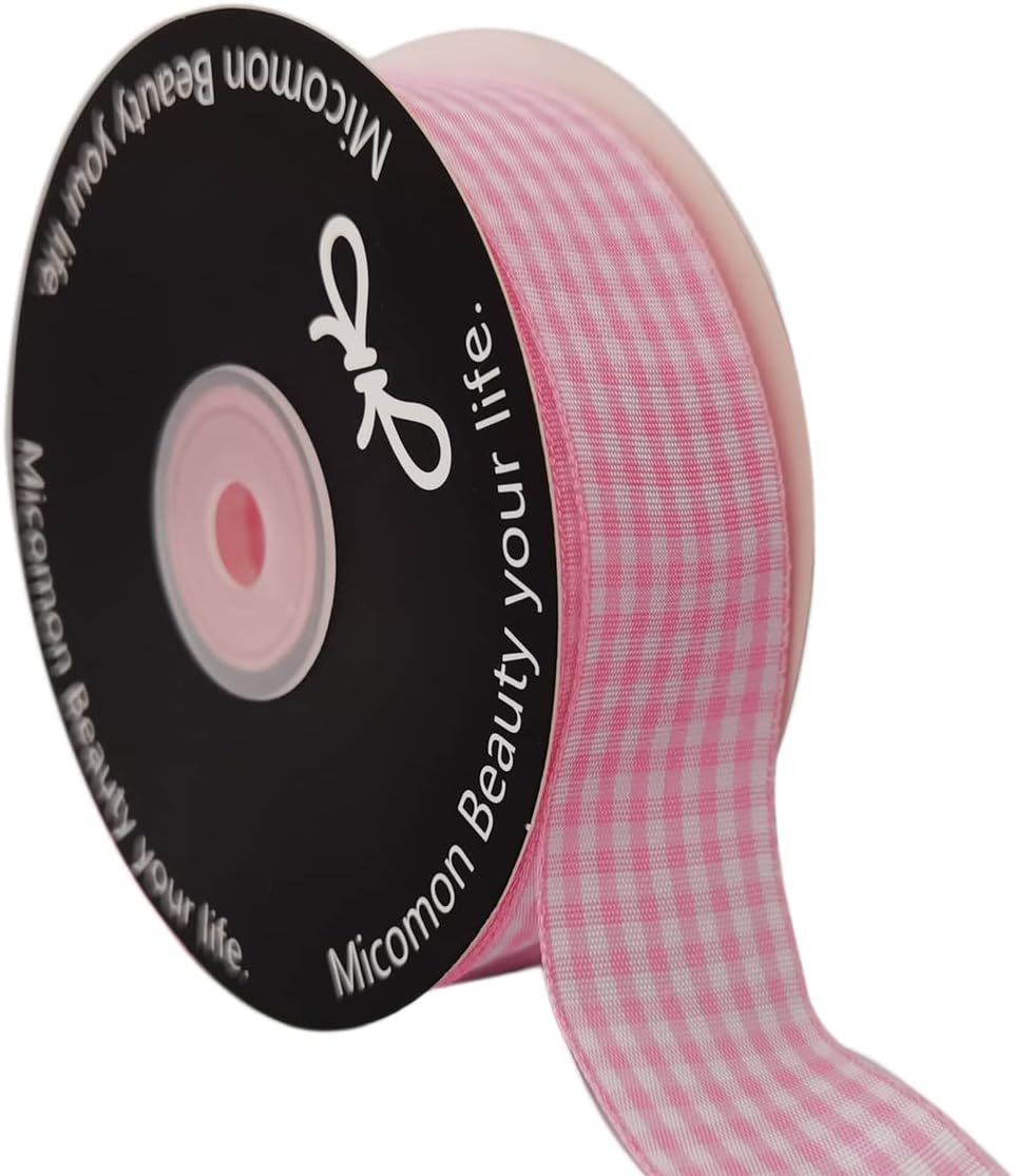 Pink and White Gingham Ribbon - 25 Yards Each Roll - 100% Polyester (1", Pink) - Crafty Corner