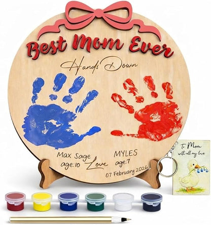 10'' Best Mom Ever Hand Down DIY Handprint Art Kit with Non-Toxic Paints Sentimental Family Keepsake, Toddler Crafts for Mother's Day, Mom Birthday Gifts from Kids, To Mom Keychain Message Gifts