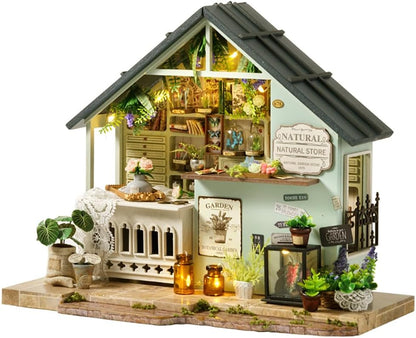 TuKIIE DIY Miniature House Kit with Furniture, 1:24 Scale Creative Room Mini Wooden Dollhouse Book Nook Plus Dust Proof & Music Movement for Kids Teens Adults(Plants Studio)