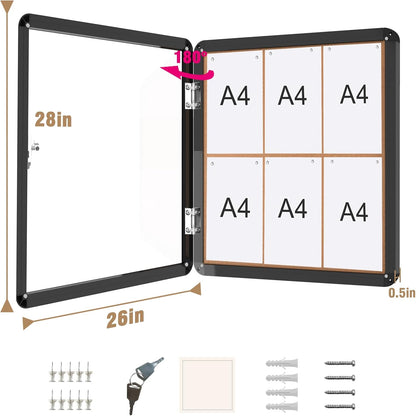 28"x26" Enclosed Bulletin Board, Lockable Weather-Resistant Aluminum Cork Noticeboard for School & Office, Black Frame w/Cork