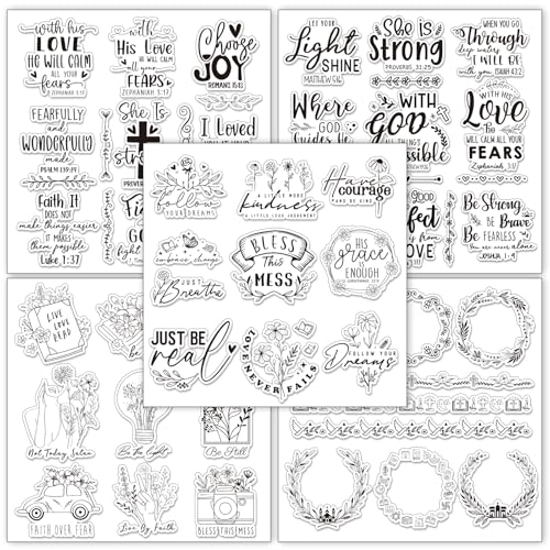 5 Sheets Bible Verse Clear Stamps Christian Jesus Silicone Transparent Stamps Greeting Words Border Stamp Cards for DIY Card Making Scrapbooking Embossing Album Decor (5 Count)