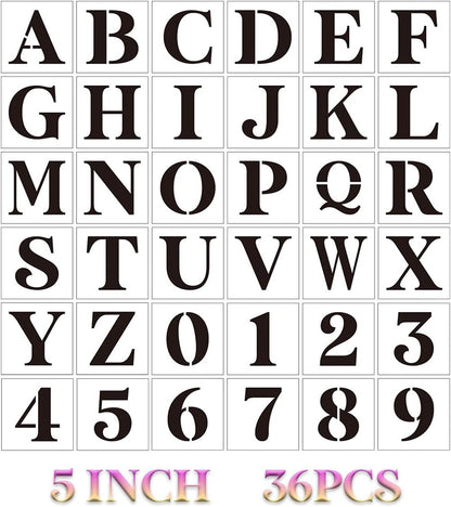 5 inch Letter Stencils for Painting On Wood,36pcs Stencils Letter Alphabet Number Stencil Templates for Wood Wall Signs Door Porch Fabric