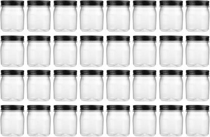 novelinks 8 oz Clear Plastic Jars with Screw-On Lids - BPA-Free Refillable Storage Containers for Slime, Spices, Crafts, Kitchen & Home Organization (32 Pack,Black)