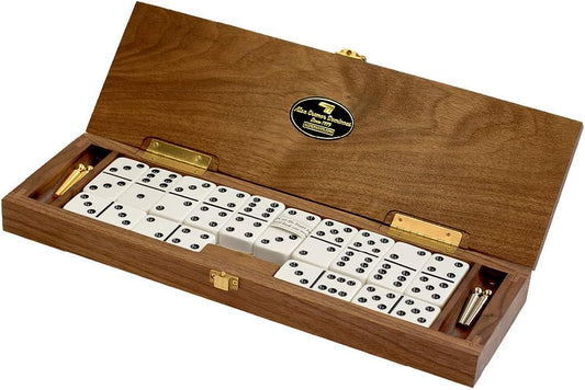 Alex Cramer Le Club' Luxury Domino Set with Handcrafted Walnut Case and Cribbage/Counter Top - Tournament Quality 28 Indestructible (Double 6 Domino Set with Brass Plate)