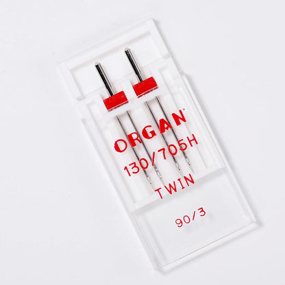Organ Twin Sewing Machine Needles (Double Needle) Size 90/14 3.0mm, for Medium-Heavy Fabrics, Topstitching, Hems, Compatible with Singer, Brother, Janome Home Machines
