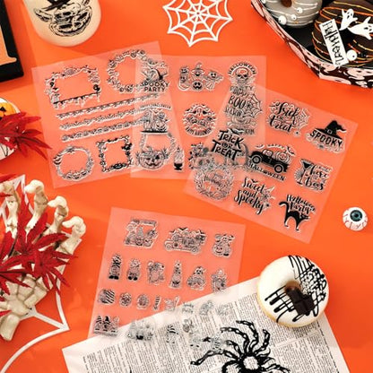 5 Sheets Halloween Clear Stamps Gnome Pumpkin Spider Silicone Transparent Stamps Trick or Treat Border Stamp Cards for DIY Card Making Scrapbooking Embossing Album Decor (5 Count)