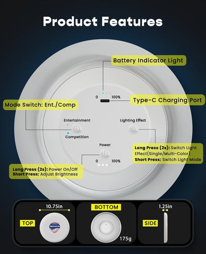 Light Up Flying Disc, 175g Glow Disc with 30 RGBs, 16 Lighting Modes, 4 Brightness, 600mAh Rechargeable Battery, Built-in Timer and Sensor for Competitive & Casual Play, Gift for Men/Boys/Teens