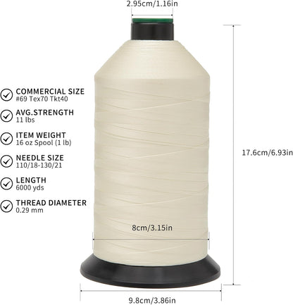 Extra Strong Bonded Nylon Thread #69 Tex70 – 16 OZ, 6000yds, Versatile Stitching Solution for Leather, Upholstery, Canvas Repair and More (Ivory)