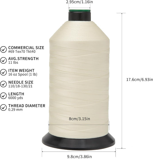 Extra Strong Bonded Nylon Thread #69 Tex70 – 16 OZ, 6000yds, Versatile Stitching Solution for Leather, Upholstery, Canvas Repair and More (Ivory)