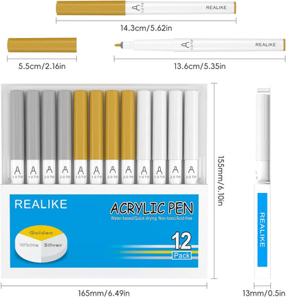 REALIKE Acrylic Paint Markers for Cricut Maker 3/Maker/Explore 3/Air 2/Air, Gold Silver White Acrylic Paint Pens for Rocks, Paper, Wood, Canvas, Glass, Ceramic, Fabric (1.0 & 2.0 Tip)