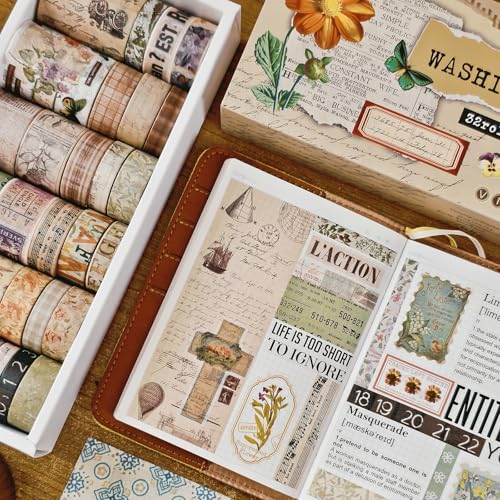 32 Rolls Vintage Rainbow Washi Tape Set Aesthetic Decorative scrapbook Tape (32 Count)